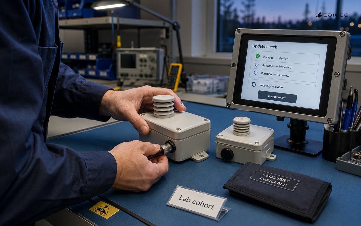 A technician connects a sensor to a bench verification setup after a staged firmware update.