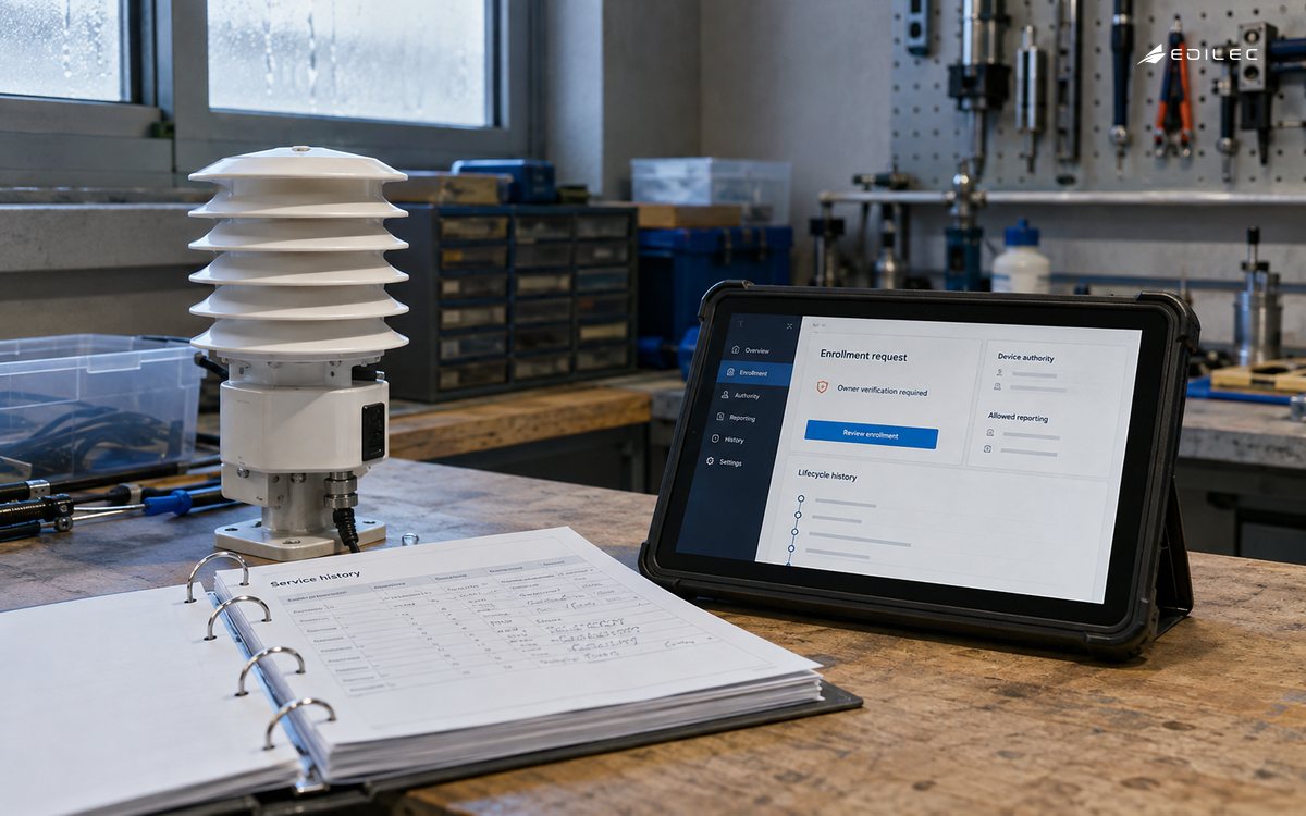 A sensor enrollment review links identity, permitted reporting and service history.