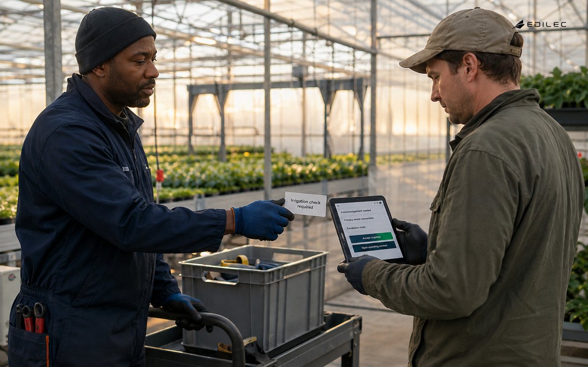 A shift handoff escalates an irrigation alert with its operating context.