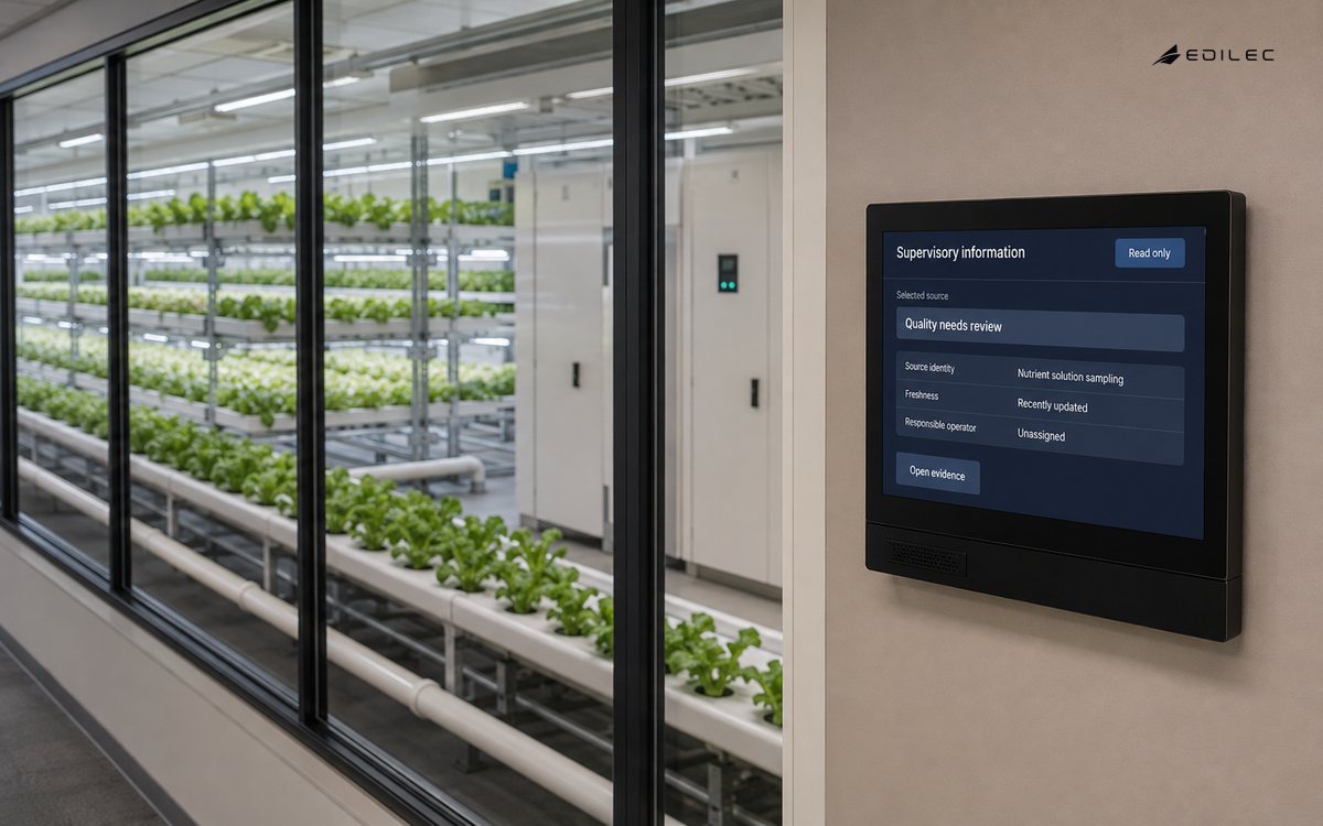 A read-only supervisory panel shows a source-quality review beside a glazed facility gallery.