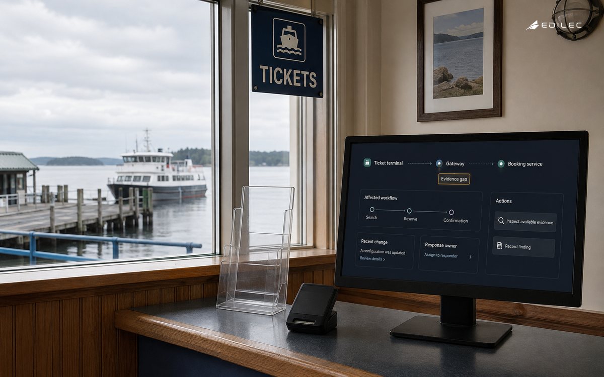 A ferry ticket-office display highlights an evidence gap along its booking-service path.
