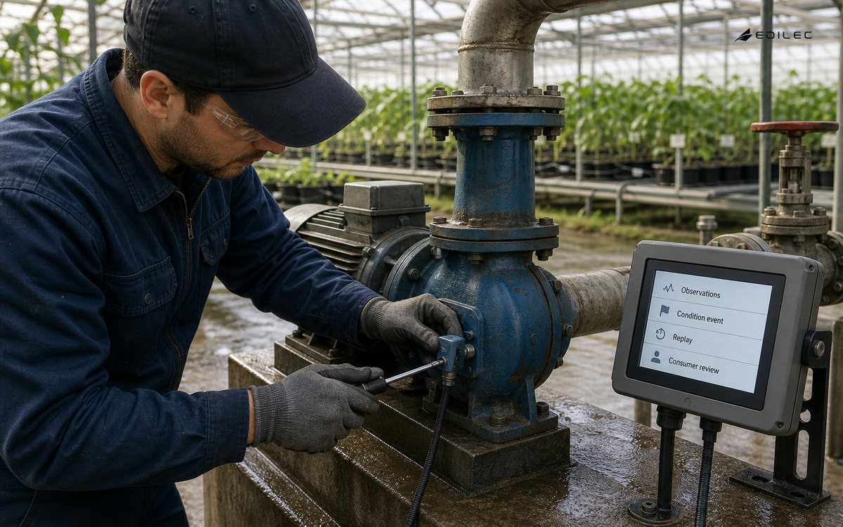 A technician attaches a vibration sensor to an irrigation pump beside a small event-review display.