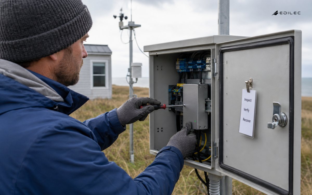 A field technician secures a gateway inside a weather-station cabinet with a maintenance card clipped nearby.