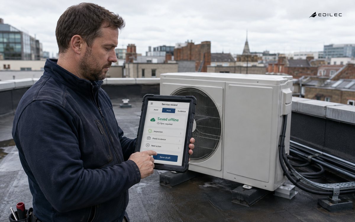 A rooftop technician saves an offline service record on a rugged tablet.