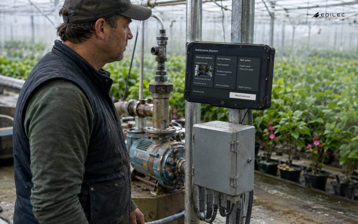 A greenhouse operator checks irrigation equipment beside a maintenance-dispatch record.