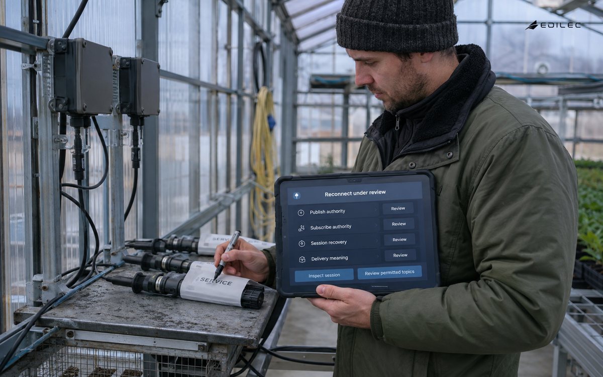 A technician reviews broker authority and session recovery beside sensor hardware.