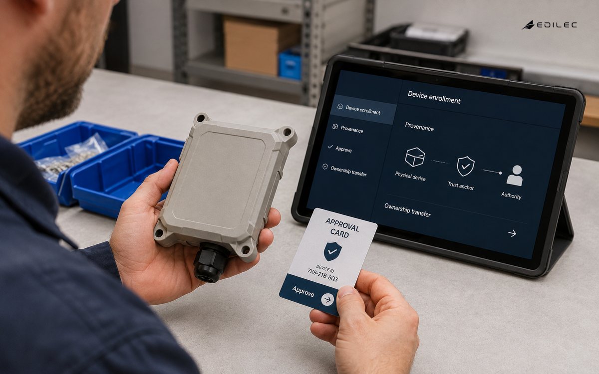 Close over-shoulder photograph of an installer standing at a clean electronics staging bench inspecting an unbranded rugged sensor enclosure and approval card, no exposed live wires. Tablet on a sturdy angled stand in background.