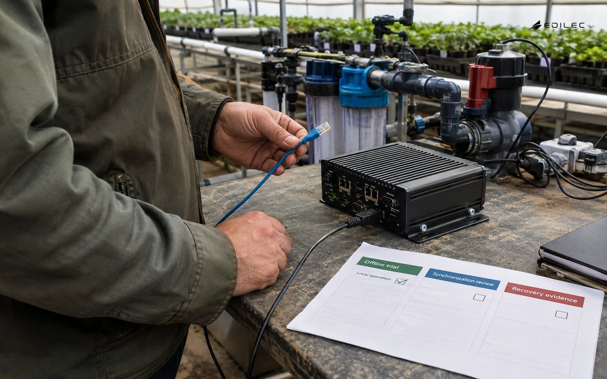 Close diagonal photograph of a standing technician at a remote nursery irrigation equipment bench.