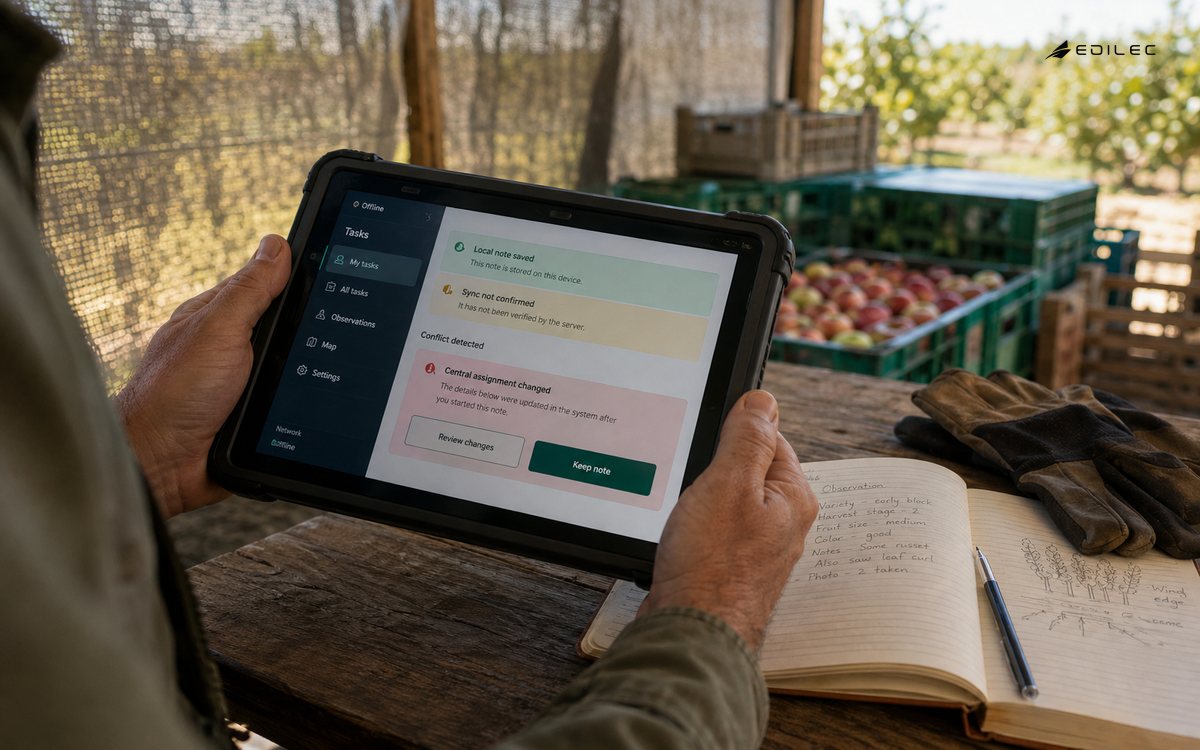 An orchard field tablet retains a local note while a changed assignment awaits review.
