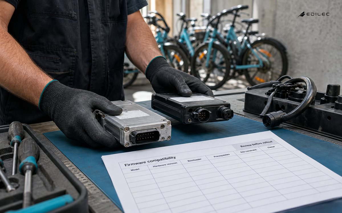 Hands compare fleet modules against a firmware compatibility ledger before rollout.