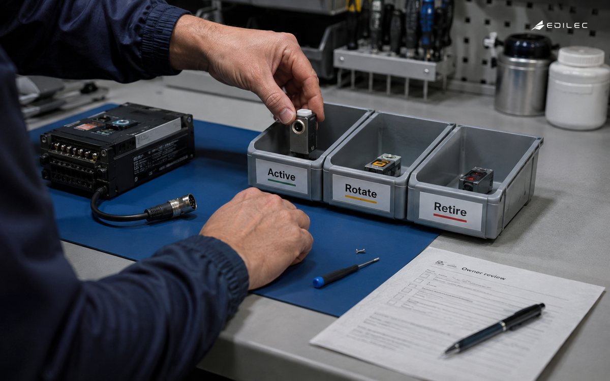 A technician separates active and retiring sensors during a device-lifecycle review.