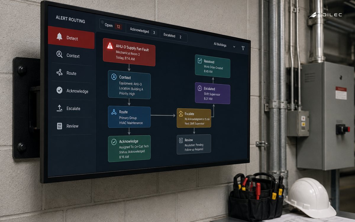 Detailed fictional alert routing canvas displayed on an opaque wall-mounted monitor with visible steel bracket, in a connected-building maintenance room. Screen about fifty-five percent of image.