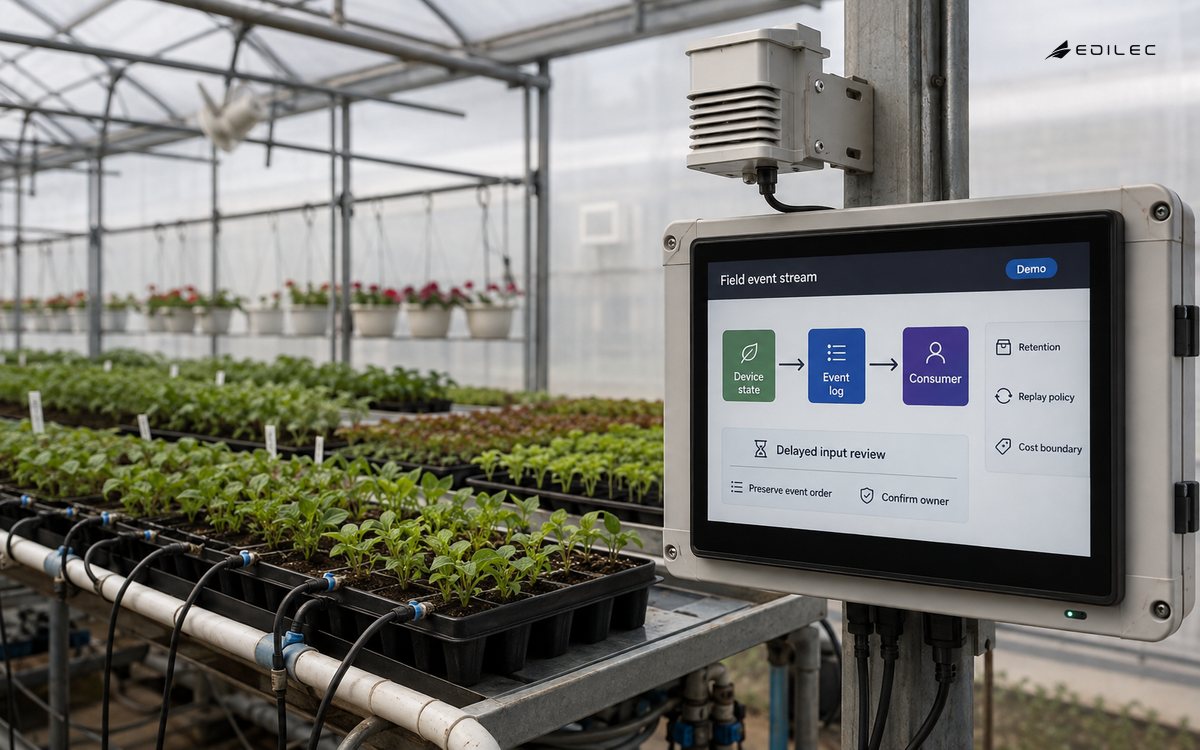 A greenhouse sensor station displays the path from field events to an accountable consumer.