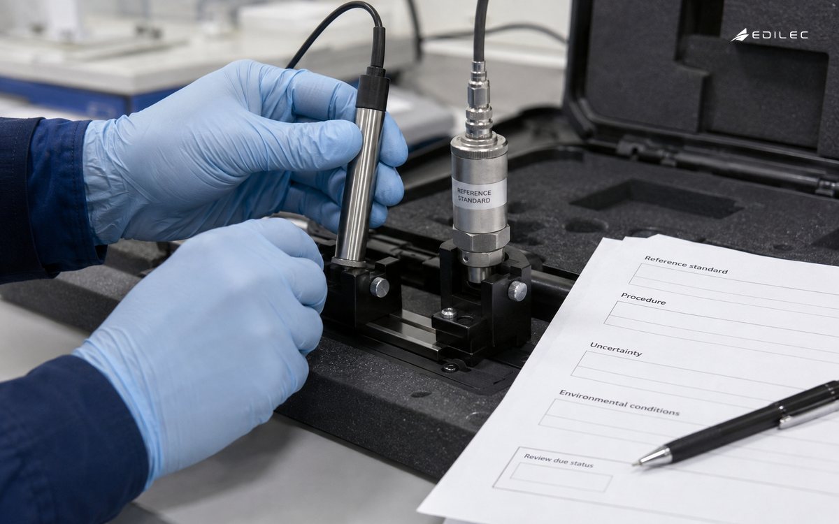Gloved hands compare a sensor probe with a reference instrument beside a calibration worksheet.