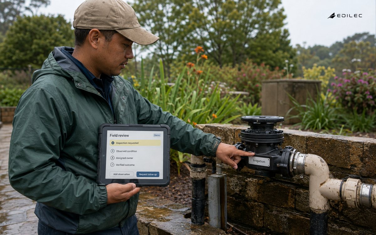 A standing technician checks an irrigation valve while recording an accountable field observation.
