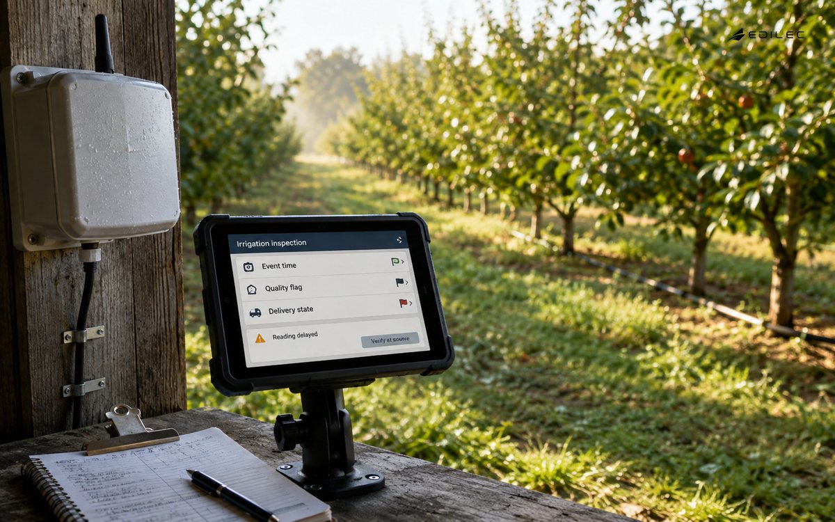 An orchard inspection station marks a sensor reading as delayed and directs verification at the source.