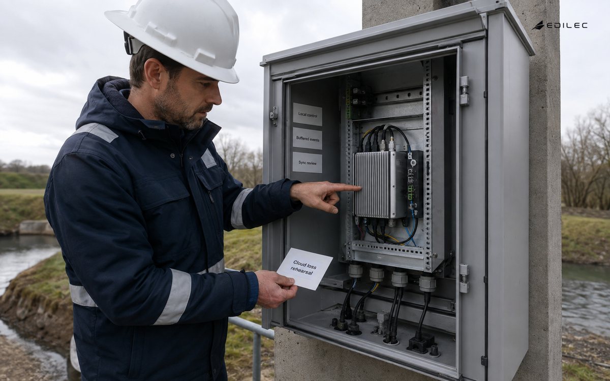 A field engineer checks a mounted edge gateway and a cloud-loss rehearsal card at a water-monitoring kiosk.