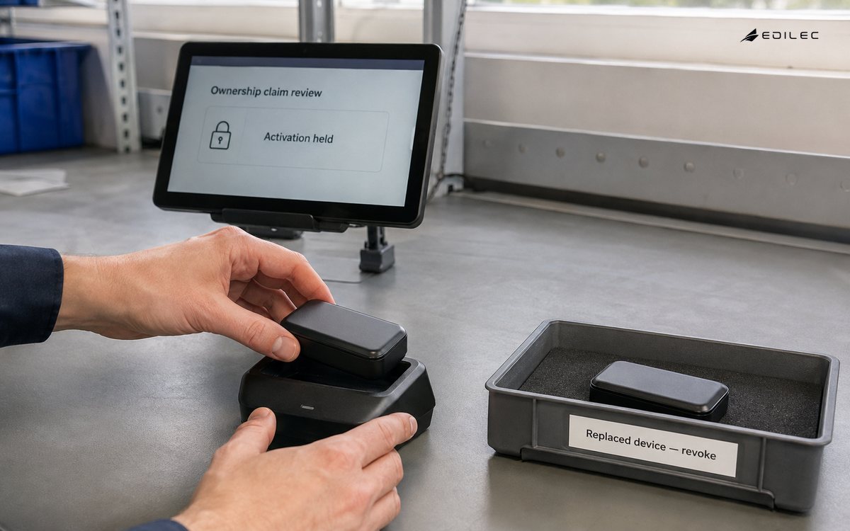 A device enters a provisioning cradle while its replacement remains in a separate revocation tray.