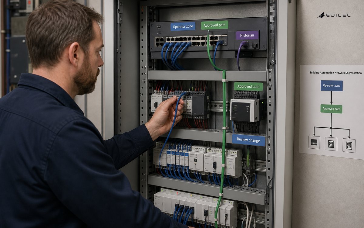Candid side photograph of a standing technician inspecting labeled patch connections in a tidy building automation equipment cupboard, cabinet unpowered for maintenance, hands follow one permitted cable path.