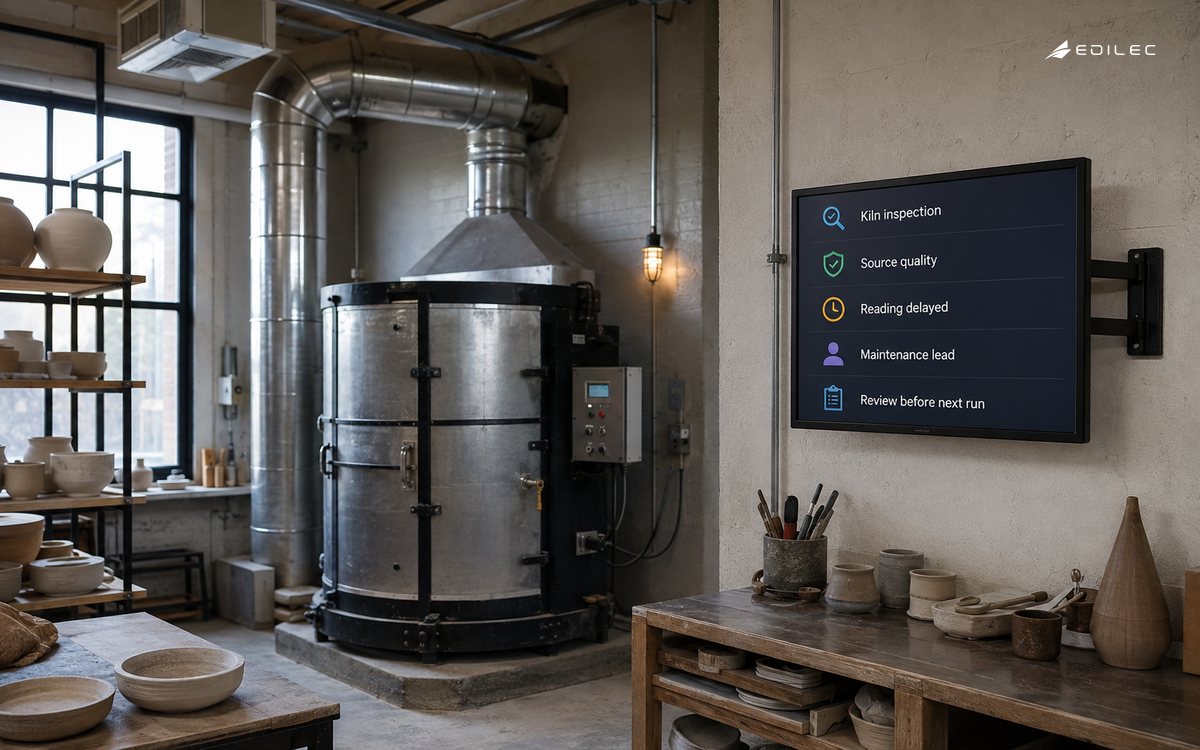A ceramic studio pairs its kiln with a dashboard showing a delayed reading and inspection review.
