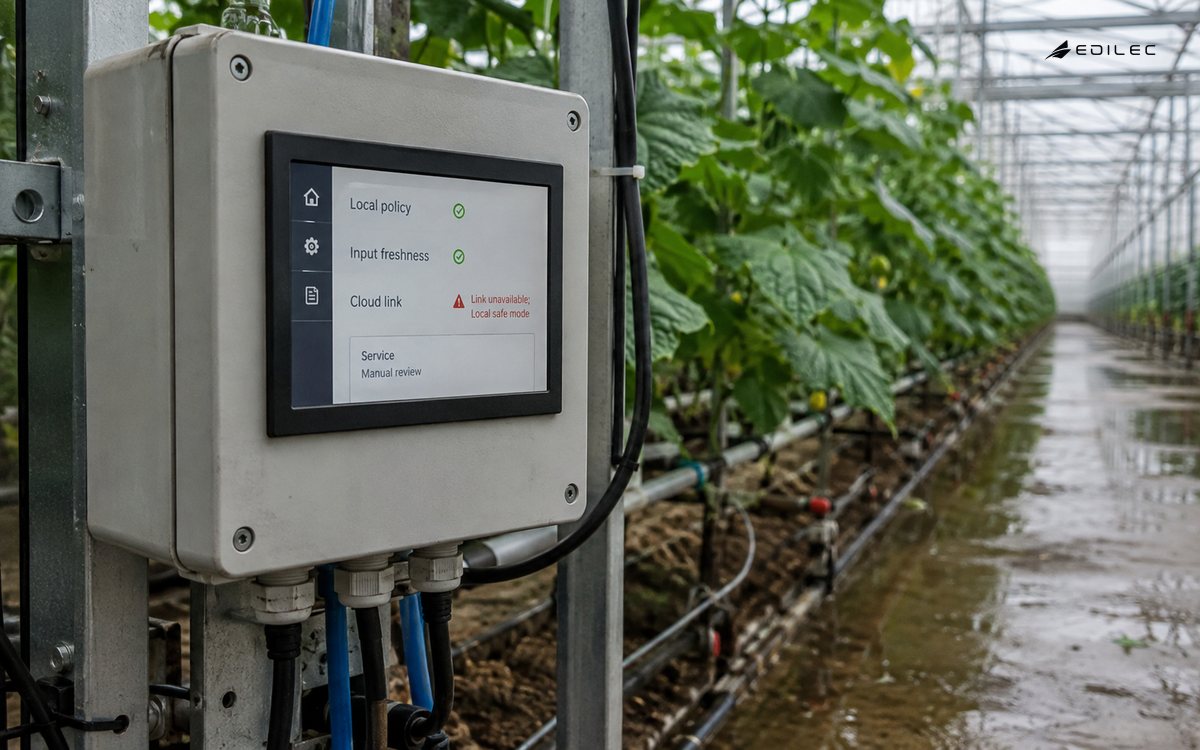 A mounted greenhouse edge controller shows a local fallback beside irrigation equipment.