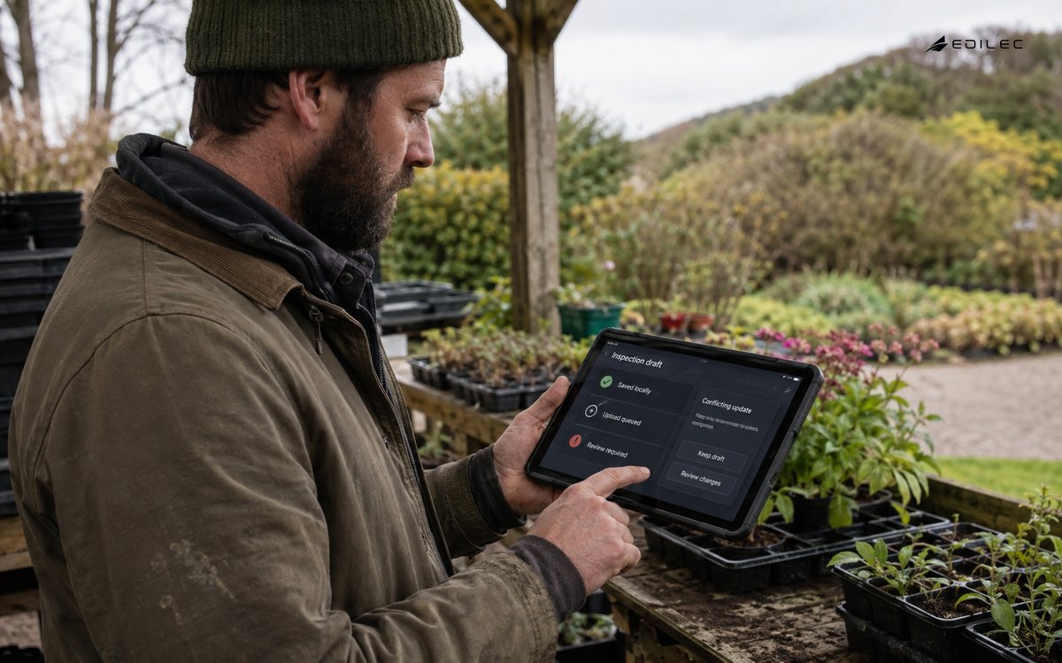 A standing garden inspector reviews a locally saved inspection draft with an upload queue and conflicting update.