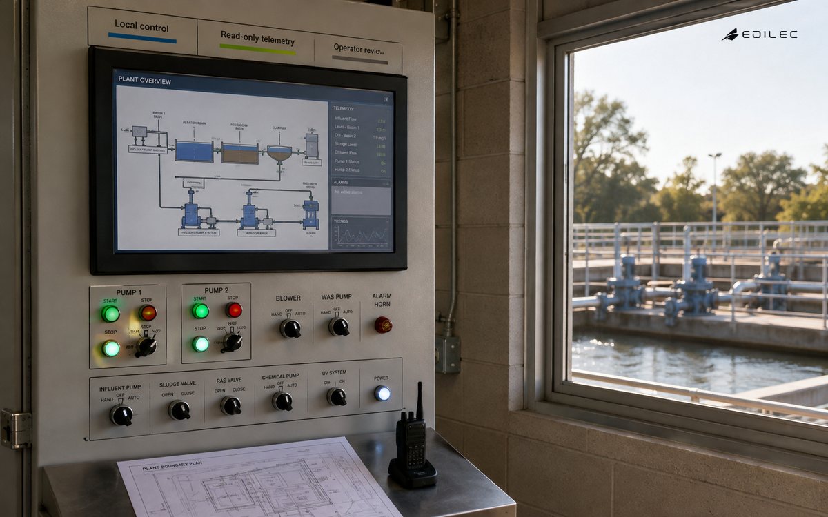 Wide documentary photo of a small water treatment pump control room, robust opaque operator panel mounted in metal cabinet with physical switches, paper boundary plan on shelf.