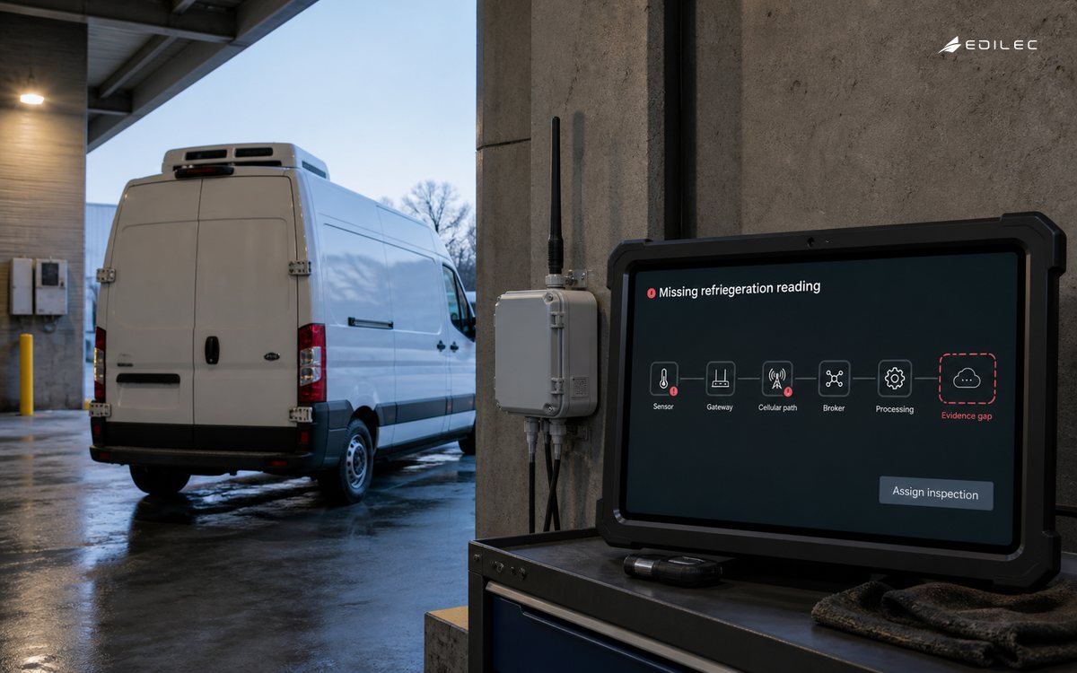 A refrigerated loading bay shows the path of a missing reading and an inspection assignment.