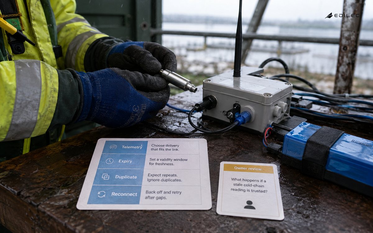 An engineer prepares a sensor and gateway beside a protocol recovery test card.