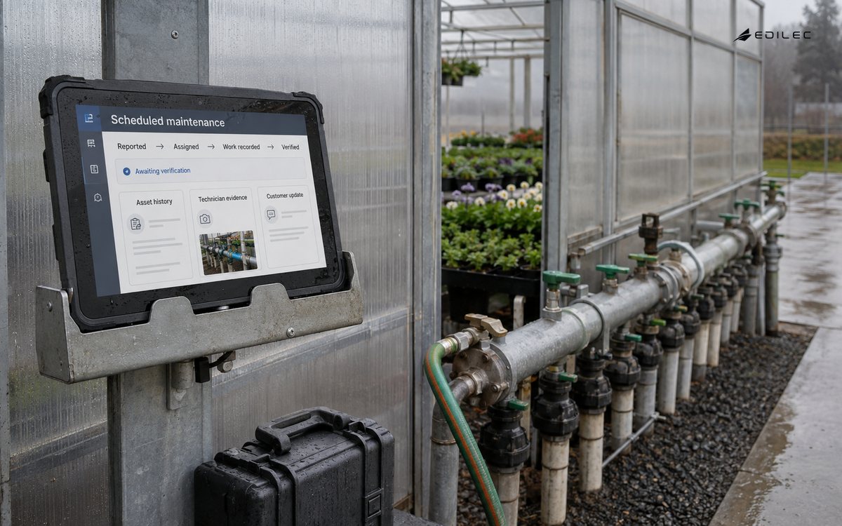 A greenhouse service station pairs equipment context with a maintenance job awaiting verification.