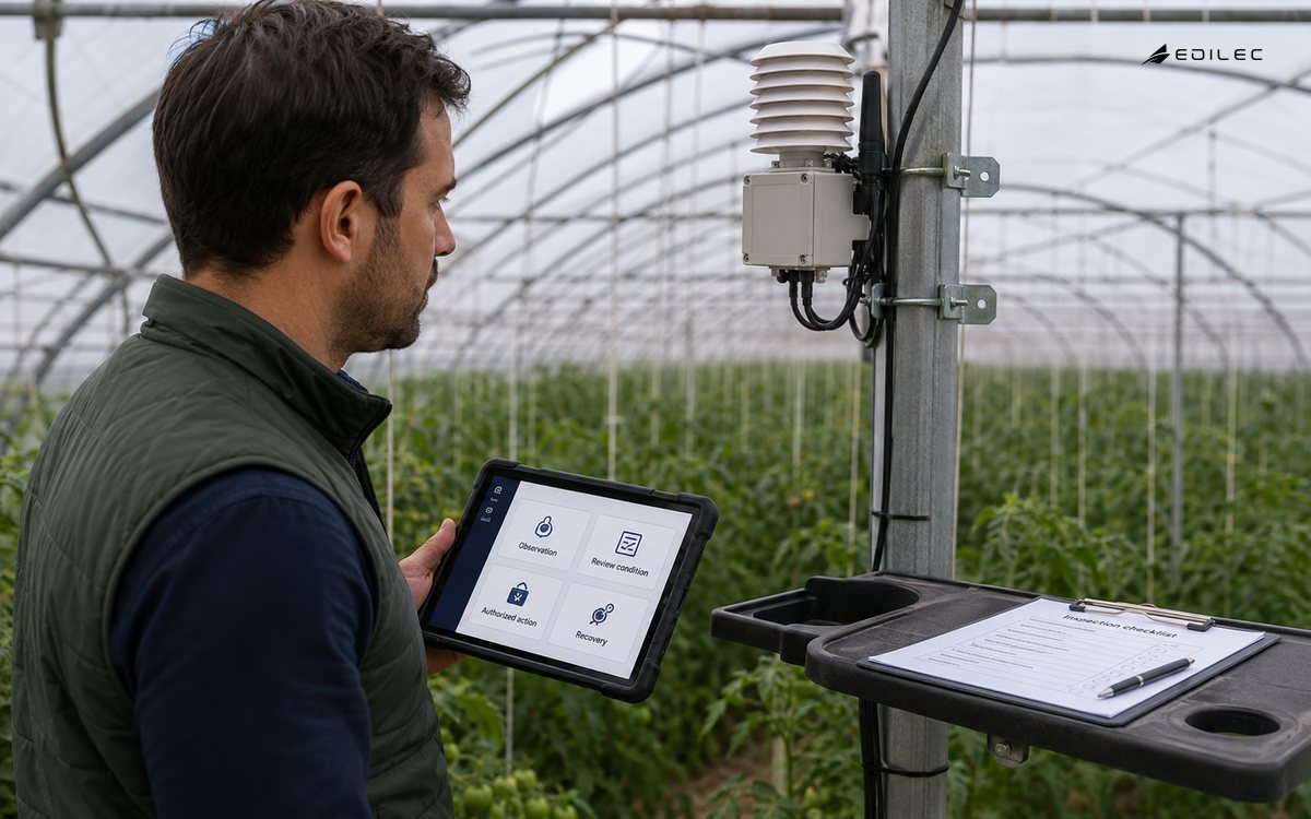 Candid medium side photo of standing technician inspecting an unbranded environmental sensor on a greenhouse support, rugged tablet in one hand and physical inspection checklist on shelf, diffuse daylight.