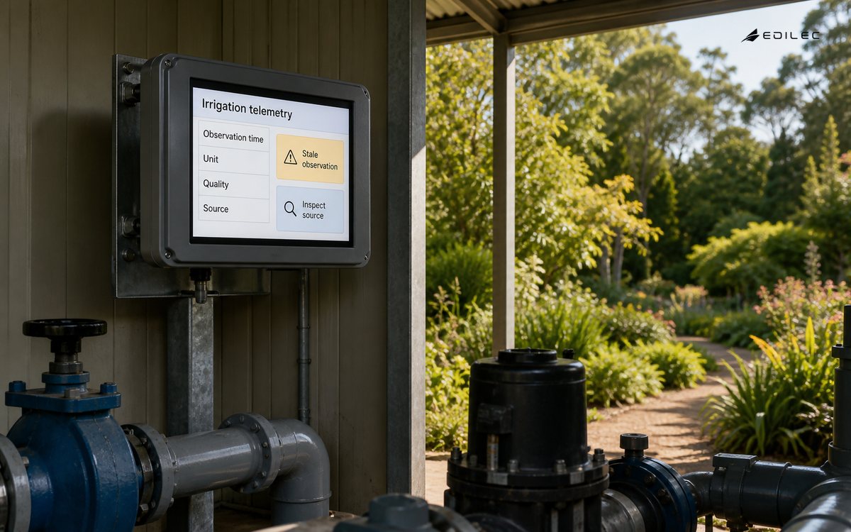 An irrigation shelter displays a stale-observation state alongside telemetry context.