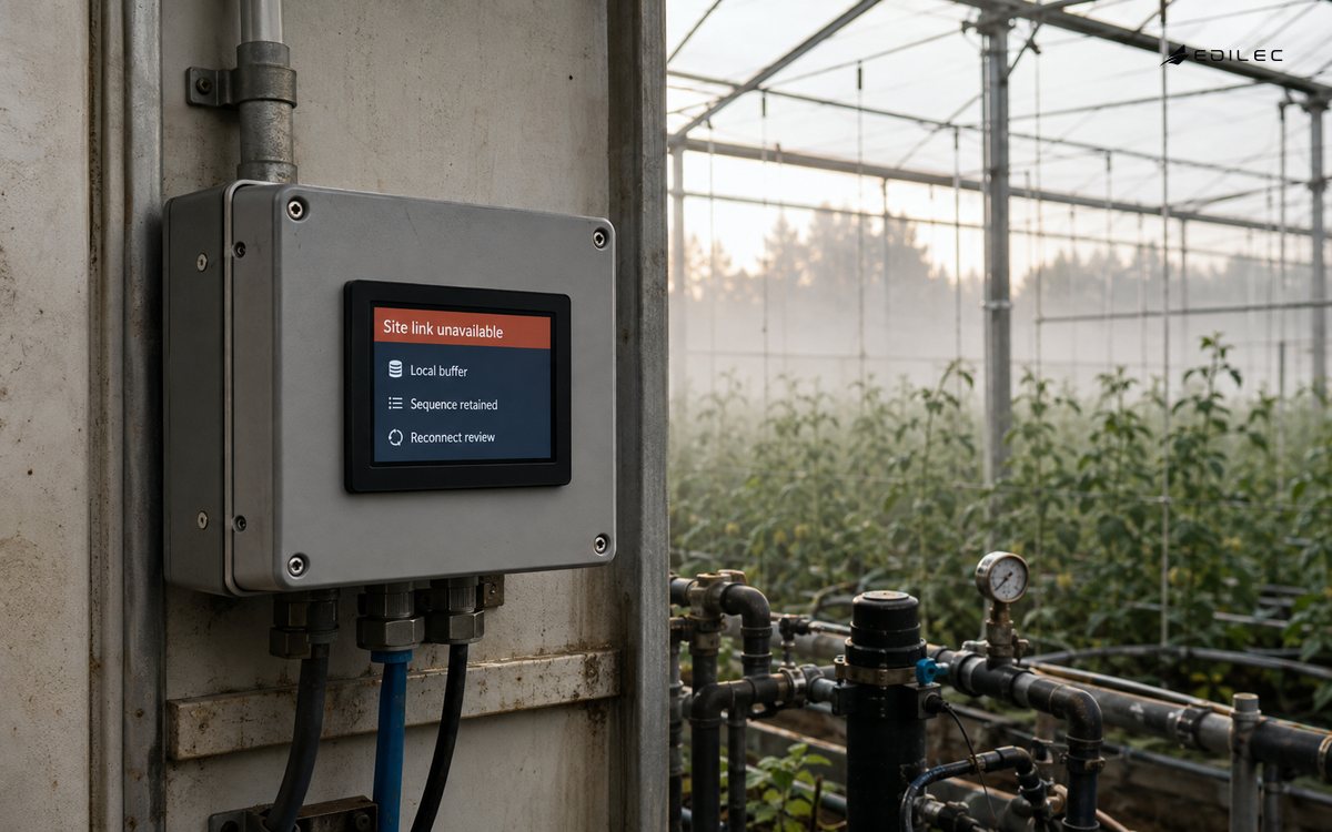 A mounted gateway beside greenhouse pipework shows an unavailable site link and local buffering.