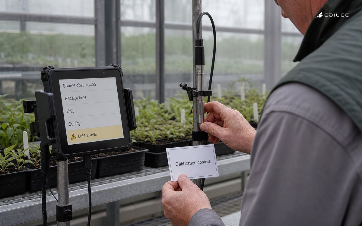 A technician compares a mounted probe with a sensor record that keeps observation and receipt time distinct.