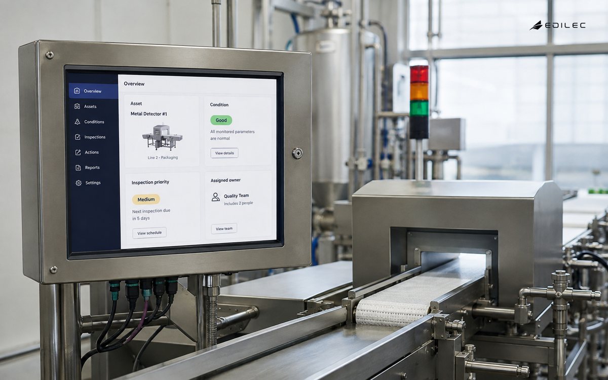 Wide photo of a compact food processing quality station, real opaque operator screen mounted in hygienic housing beside stainless equipment, no people.