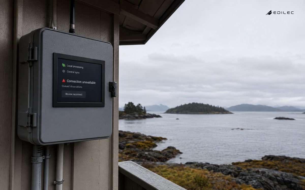 A coastal field station distinguishes local processing from an unavailable central connection.