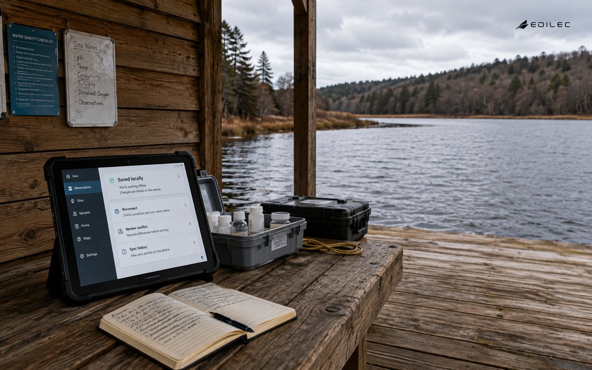 A field-inspection tablet marks local work for reconciliation after reconnection.