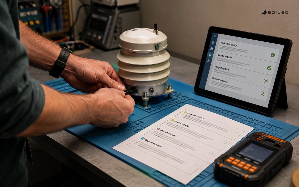 Close side photo of standing hands connecting a service cable to a manufactured environmental sensor on an electronics repair mat.