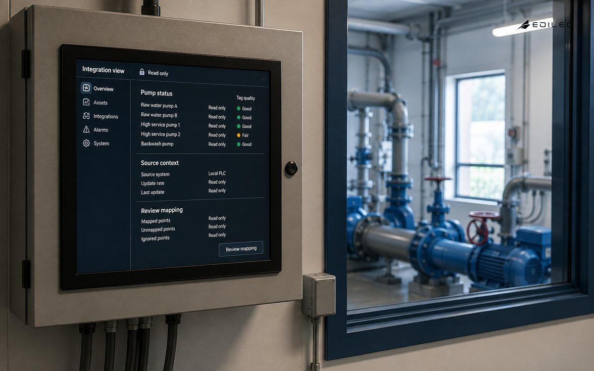 A pumping-station integration display keeps status read-only and shows tag-quality review.