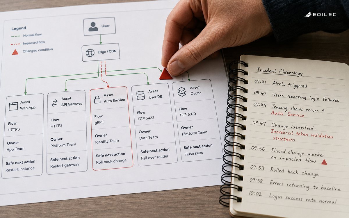 Close photograph of a printed connected-site flow map with asset cards and an incident chronology notebook, a hand placing a change marker beside one documented link.