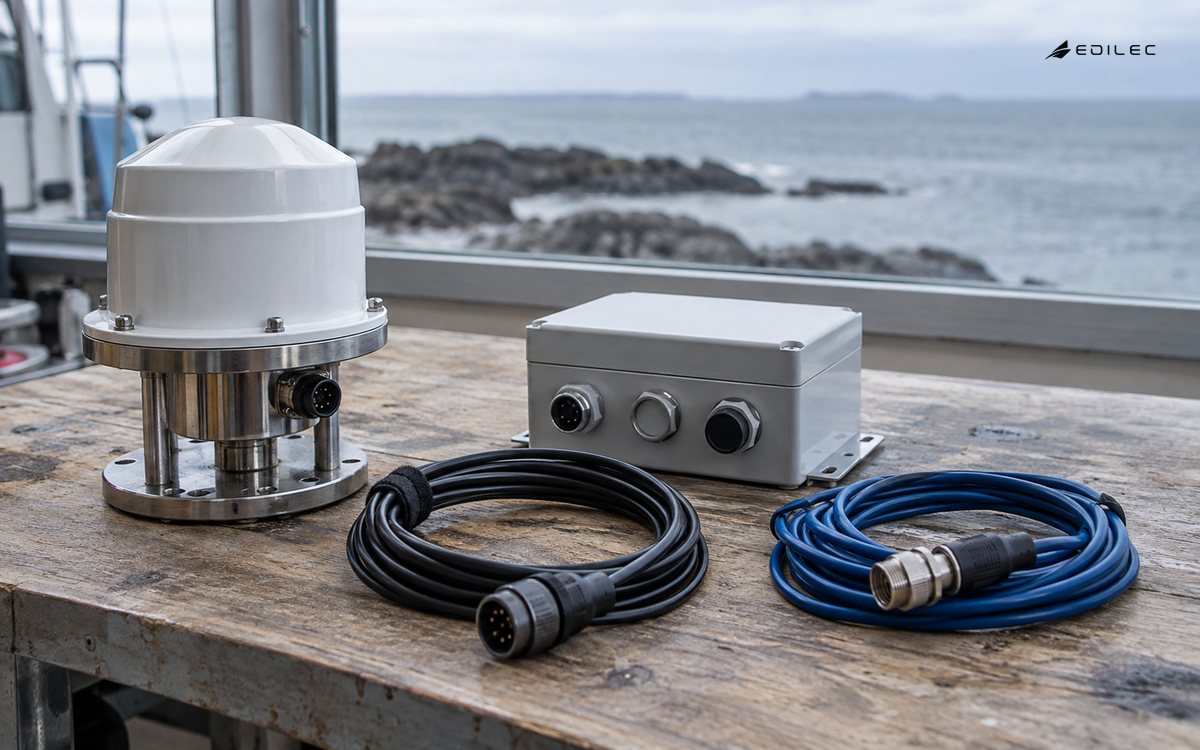 Weatherproof sensor and gateway components with connection cables on a coastal preparation bench.