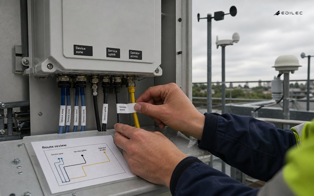 Low side photograph of standing technician hands labeling separate device-network and uplink cables at a grounded manufactured gateway in a rooftop weather station enclosure.