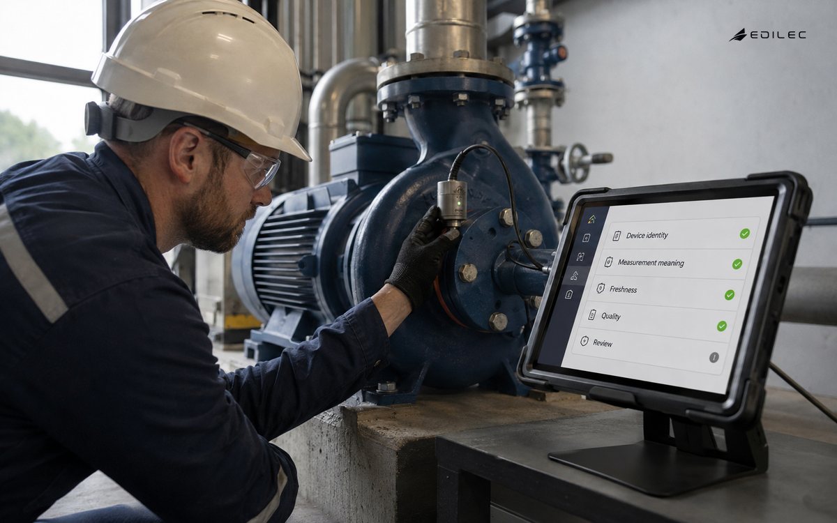 Candid low side photograph of standing maintenance technician checking an unbranded vibration sensor mounted firmly on stopped pump equipment, tablet in protective case on nearby fixed stand.