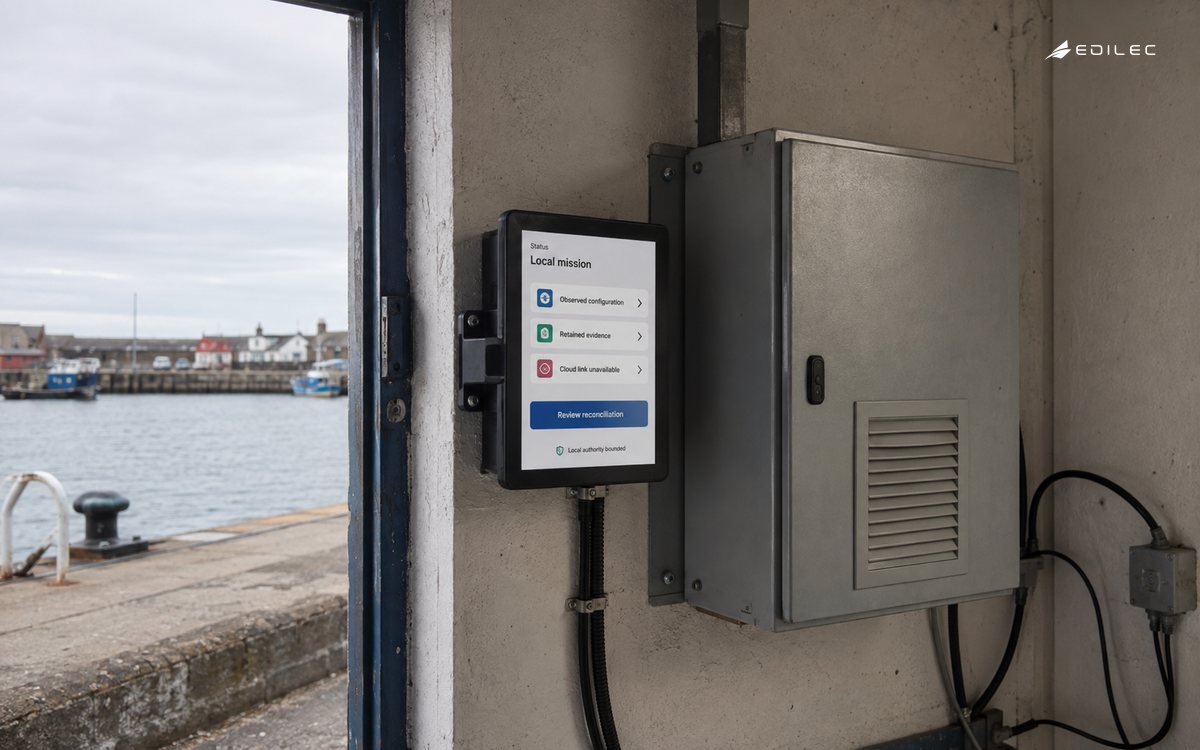 A harbour gateway station marks its cloud link unavailable while retaining a bounded local mission.