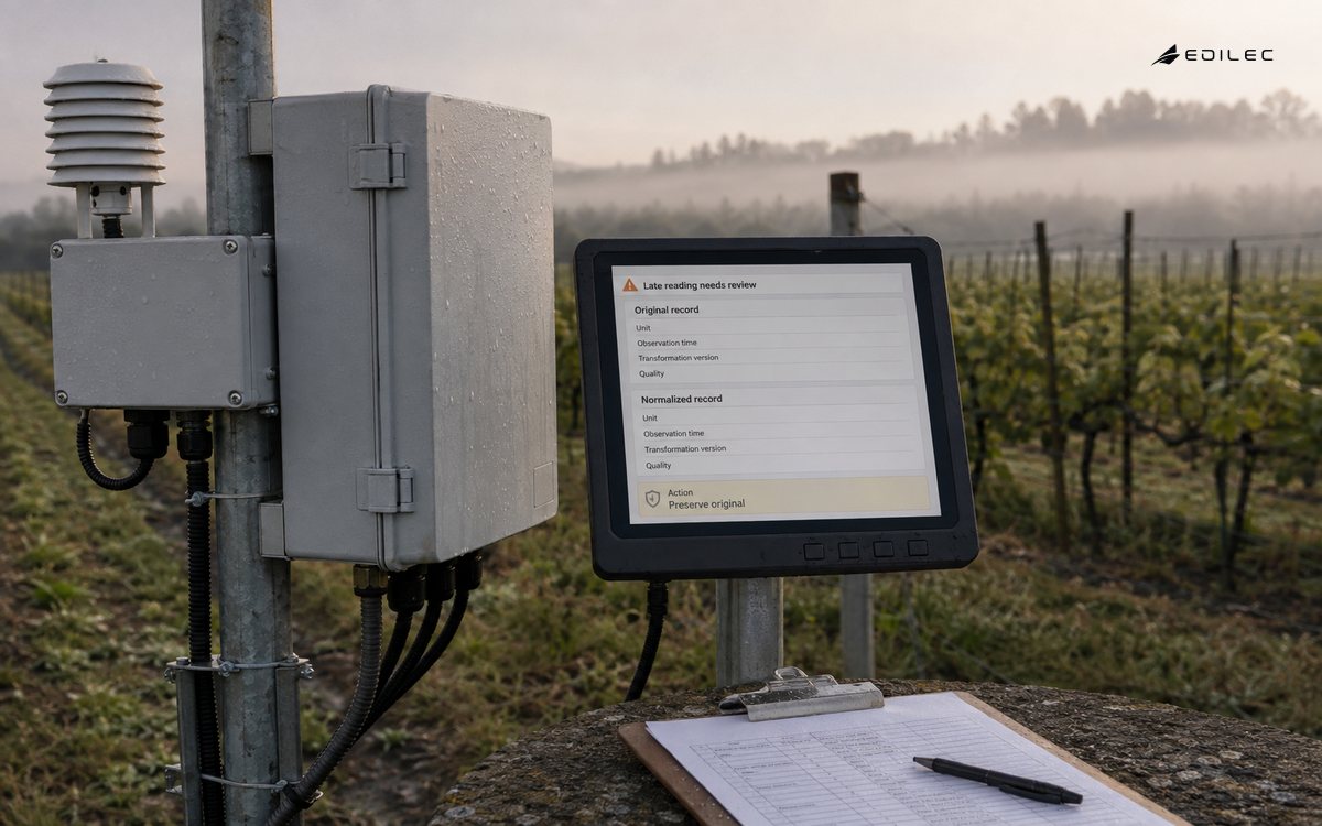 A vineyard sensor station displays separate original and normalized records during a late-reading review.