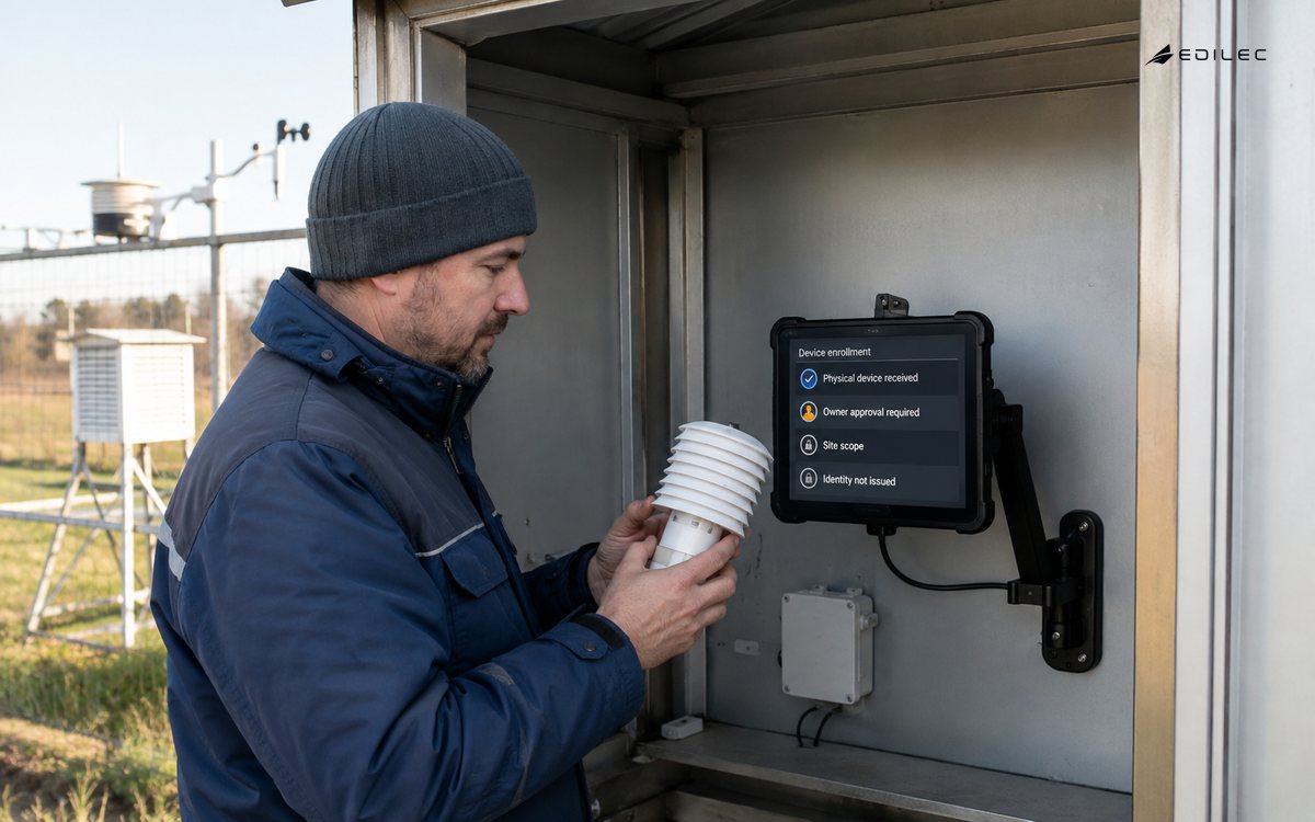 A technician inspects a sensor while enrollment waits for site-owner approval.