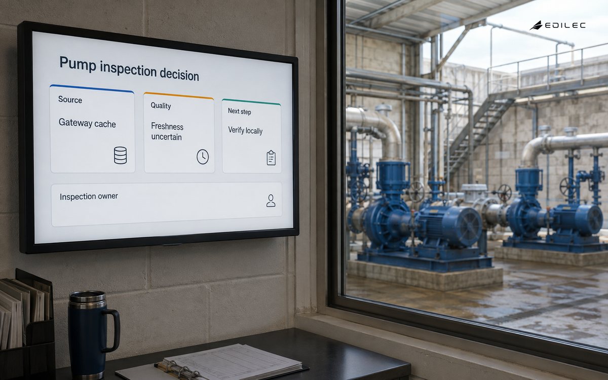 A pump-inspection dashboard labels cached data with uncertain freshness and a local verification step.