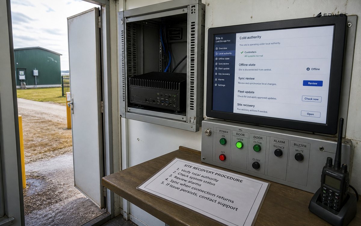 Wide documentary photo of a rural cold-storage control hut, unbranded compact edge computer secured in ventilated metal cabinet and modest opaque operator panel, printed site procedure on shelf, daylight through door.