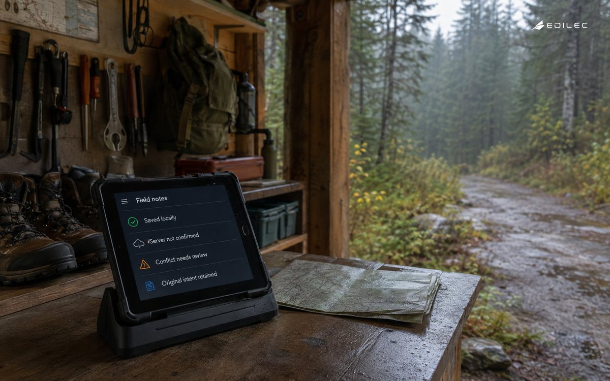 A trail shelter tablet distinguishes locally saved notes from unconfirmed server state and conflict review.
