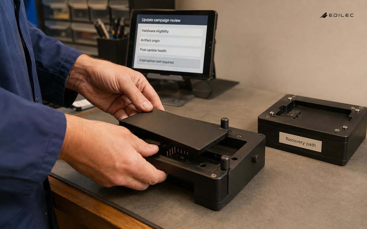 A device-update test bench keeps eligibility review and a separate recovery path visible.
